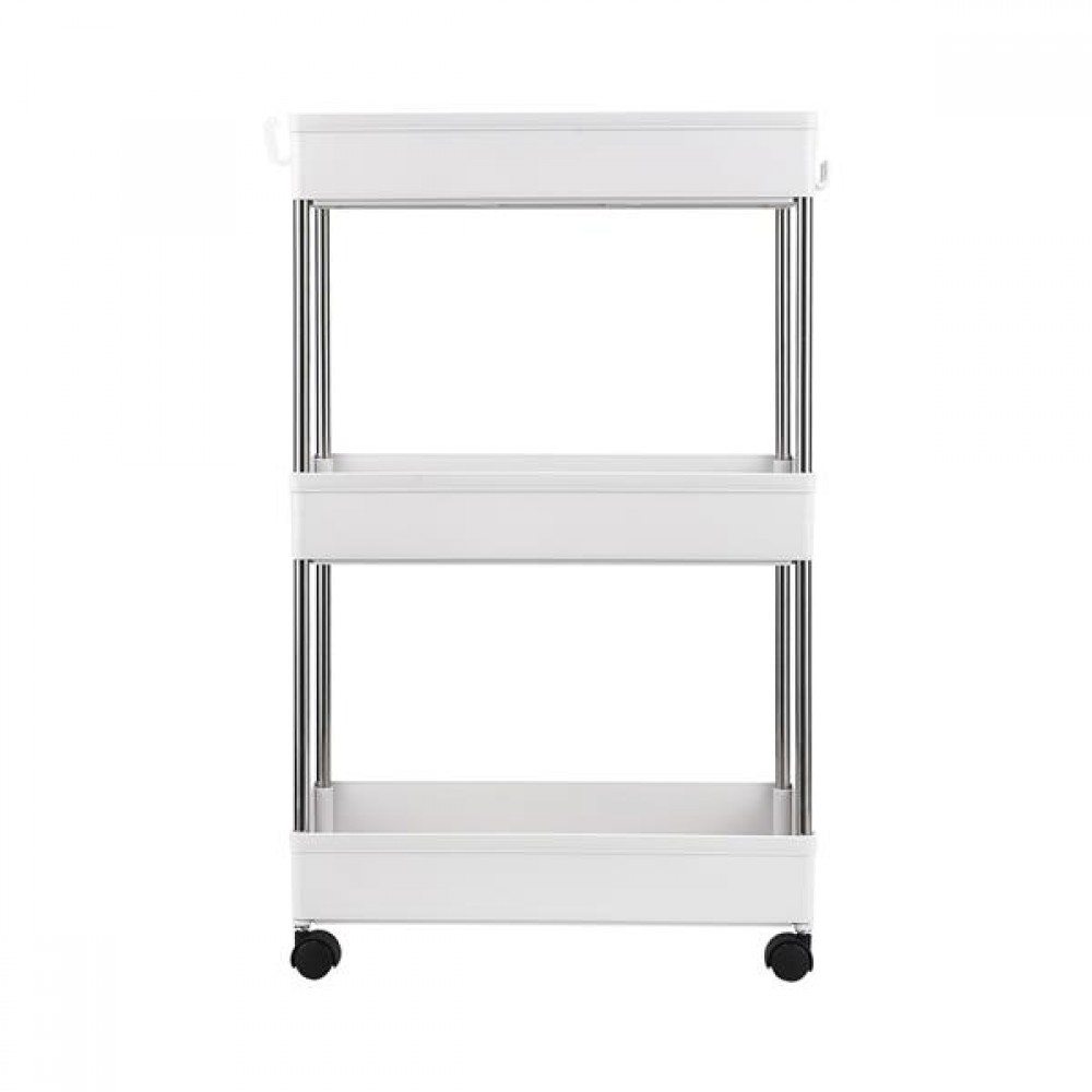 3-Layer Mobile Multi-functional Storage Cart,Suitable for Kitchen, Bathroom, Laundry Room Narrow Place, Plastic and Stainless Steel, White