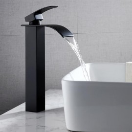 Single Hole Single Handle Hot And Cold Single Control Bathroom Basin Waterfall Faucet-Black Curved Mouth (High)