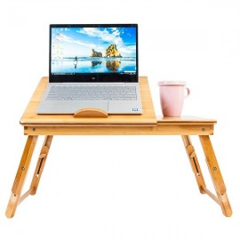 [US-W]53cm Trendy Double Flowers Engraving Pattern Adjustable Bamboo Computer Desk Wood Color
